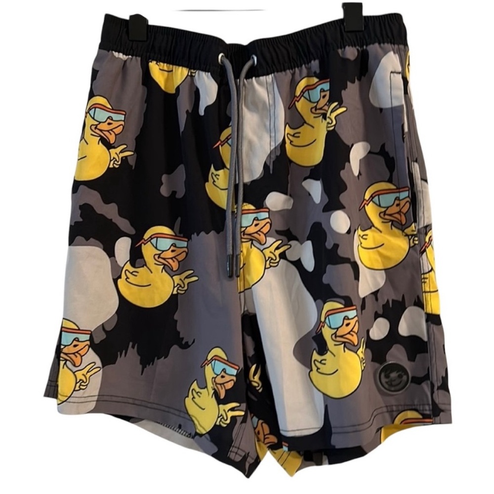 Neff Black and Yellow Swim Trunks with Playful Duck Design